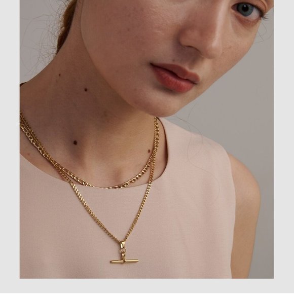 NEW 18K Gold Plated Double Layer Link Chain Bar Drop Necklace - Picture 3 of 4